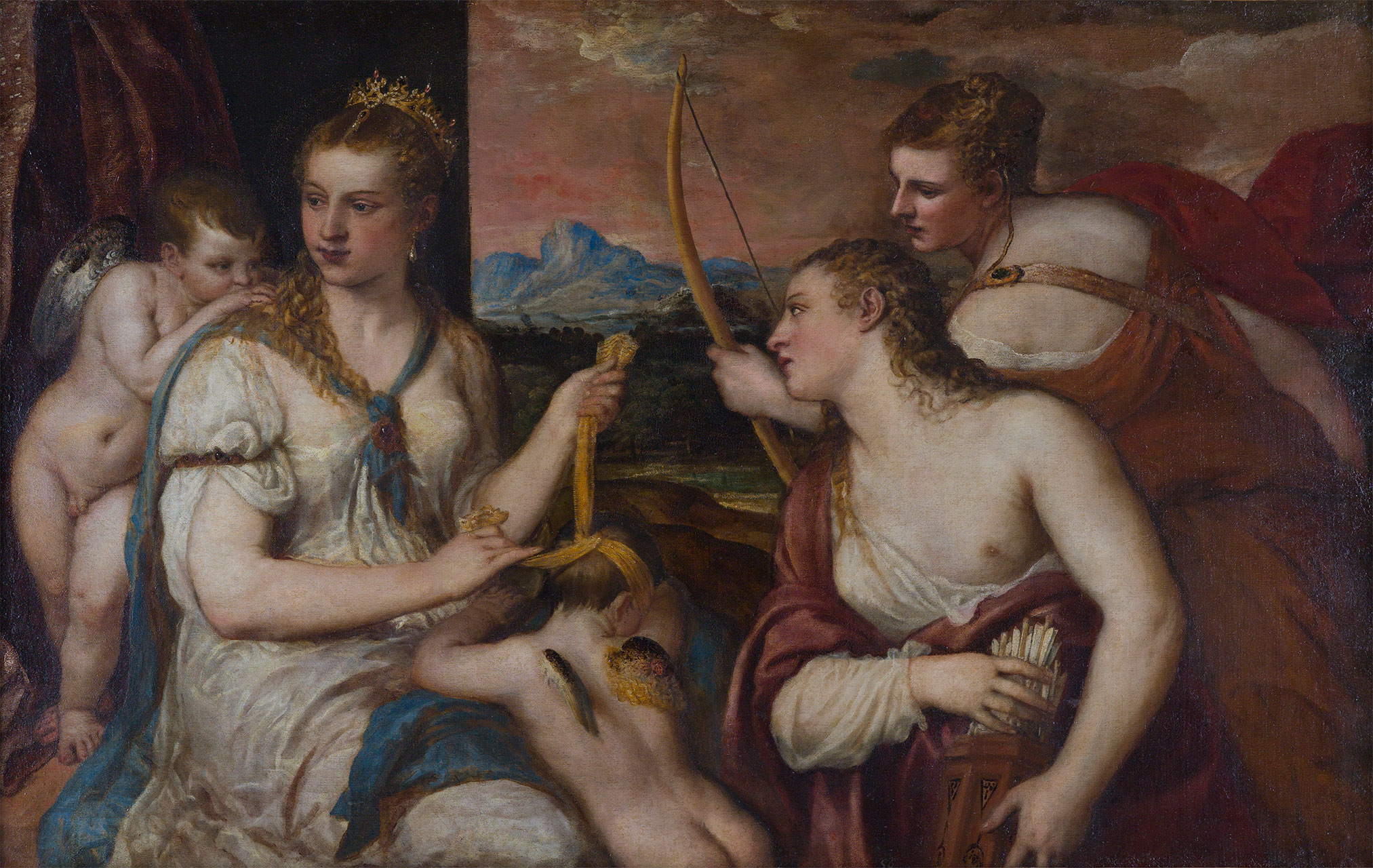 Venere che benda Amore, Vecellio Tiziano, cm 116 x 184, olio su tela, 1560-1565 ca.